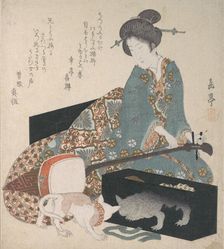 Woman Tuning a Shamisen and a Cat Looking at its Own Reflection, mid- 1820s. Creator: Gakutei