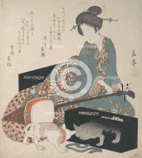 Woman Tuning a Shamisen and a Cat Looking at its Own Reflection, mid- 1820s. Creator: Gakutei.