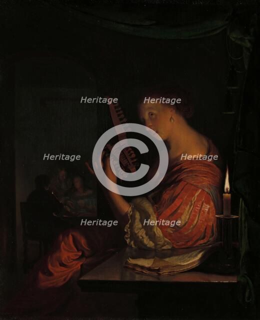 Woman tuning a theorbo, 1665.  Creator: Frans van Mieris I.