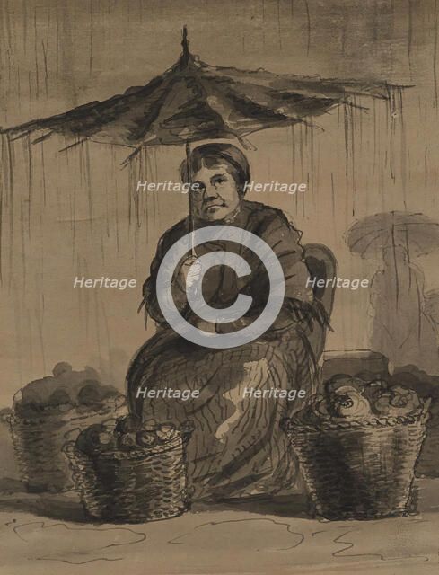 Woman Under an Umbrella in a Market, mid 19th century. Creator: Alfred Jacob Miller.