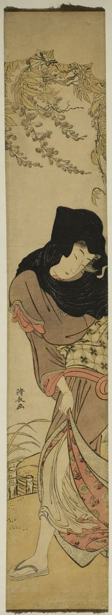 Woman under Windblown Wisteria, c. 1780. Creator: Torii Kiyonaga