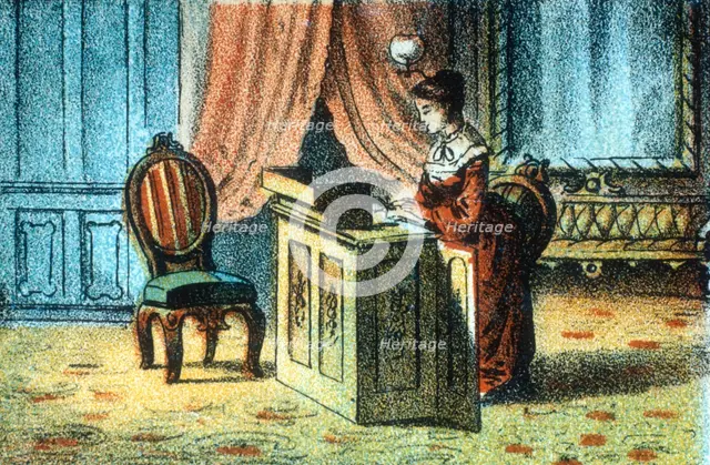 Woman using sewing machine patented by Elias Howe [c1878]. Creator: Unknown.