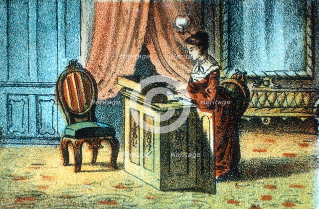 Woman using sewing machine patented by Elias Howe [c1878]. Creator: Unknown.