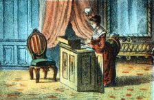 Woman using sewing machine patented by Elias Howe [c1878]. Creator: Unknown