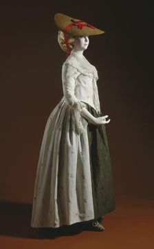 Woman's Robe à l'anglaise ensemble (gown, petticoat, fichu); hat; and shoes, Robe: 1780-1790. Creator: Unknown