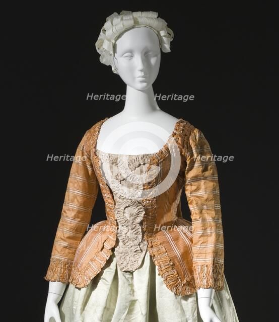 Woman's striped silk sack-back jacket (caraco), Europe, c.1760, altered c.1780. Petticoat: c.1785. Creator: Unknown.