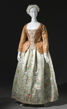 Woman's striped silk sack-back jacket (caraco), Europe, c.1760, altered c.1780. Petticoat: c.1785. Creator: Unknown