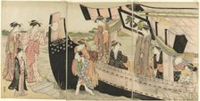 Women Coming Ashore from a Pleasure Boat on the Sumida River, c. 1785. Creator: Torii Kiyonaga