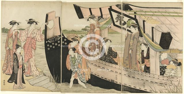 Women Coming Ashore from a Pleasure Boat on the Sumida River, c. 1785. Creator: Torii Kiyonaga.