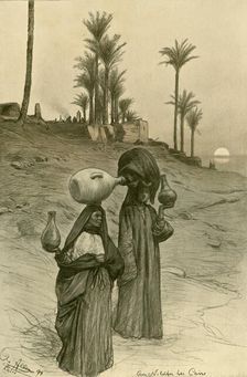 Women carrying water pots on the banks of the Nile, Cairo, Egypt, 1898. Creator: Christian Wilhelm Allers