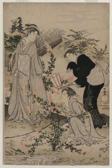 Women Cutting Branches of Bush Clover; The Noji Tama River in Omi Province ..., late 1780s. Creator: Kubo Shunman (1757-1820)