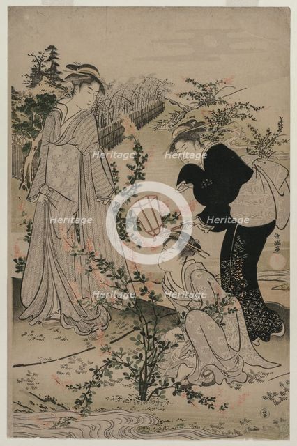 Women Cutting Branches of Bush Clover; The Noji Tama River in Omi Province ..., late 1780s. Creator: Kubo Shunman (1757-1820).
