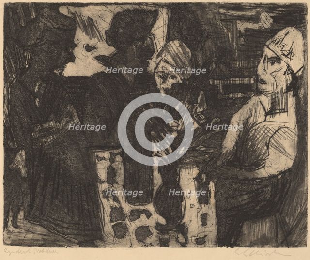Women at a Table in a Room (recto) / Nude Woman (verso), 1920. Creator: Ernst Kirchner.