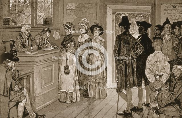 Women at the Polls in New Jersey in the Good Old TImes, from Harper's Weekly, pub. 1880 (lithograph)