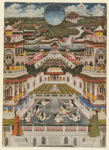 Women bathing before an architectural panorama, c. 1765. Creator: Fayzullah (Indian, active c. 1730-1765)