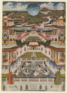 Women bathing before an architectural panorama, c. 1765. Creator: Fayzullah (Indian, active c. 1730-1765)