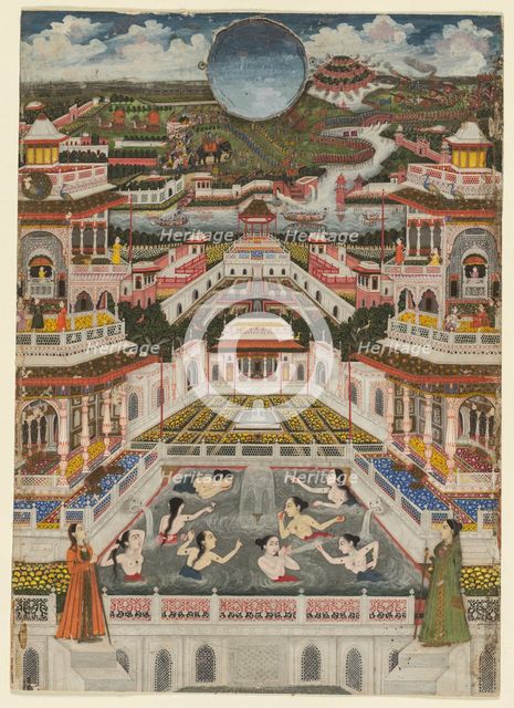 Women bathing before an architectural panorama, c. 1765. Creator: Fayzullah (Indian, active c. 1730-1765).