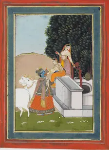 Women giving drink to Krishna at a well, 19th century