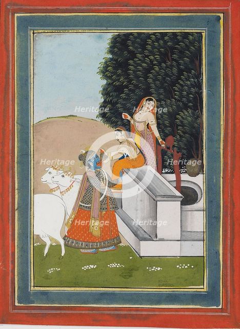 Women giving drink to Krishna at a well, 19th century. Artist: Unknown.