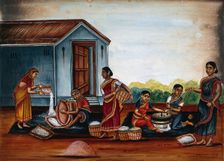 Women grinding and sieving grain into flour, (between 1800 and 1899?). Creator: Unknown