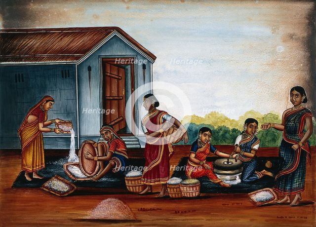 Women grinding and sieving grain into flour, (between 1800 and 1899?). Creator: Unknown.
