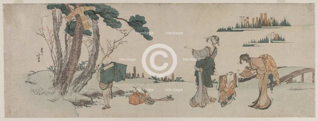 Women Distracting a Child whose Kite is caught in a Tree, c. 1800. Creator: Katsushika Hokusai (Japanese, 1760-1849).