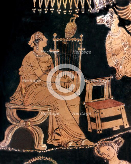 Women dressed in the Ionic costume Ionic playing the lyre, detail of a vase of Pelike.