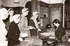 Women employees in to the library, Rowntree factory, Yorkshire, 1952