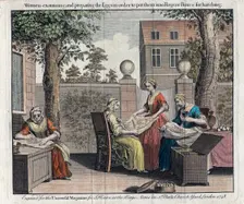 Women examining silk moth eggs and putting them in boxes for hatching into caterpillars, 1748