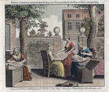 Women examining silk moth eggs and putting them in boxes for hatching into caterpillars, 1748