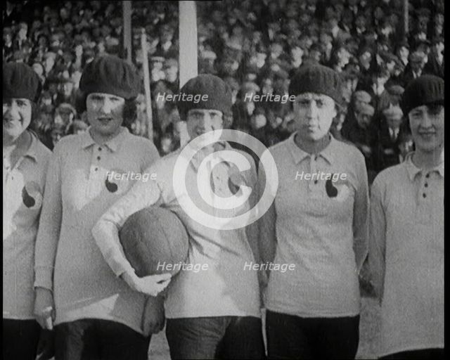 Women Football Players Lines up Ready to Begin the Match, 1920. Creator: British Pathe Ltd.