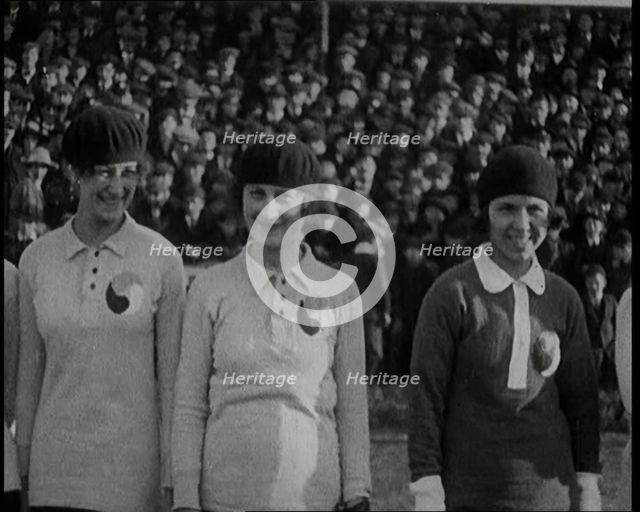 Women Football Players Lines up Ready to Begin the Match, 1920. Creator: British Pathe Ltd.