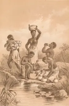 Women Filling Egg Shells and Skins with Water c1880