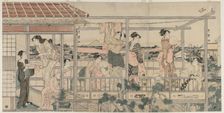 Women Hanging Laundry to Dry on a Balcony , early 1790s. Creator: Kitagawa Utamaro (Japanese, 1753?-1806)