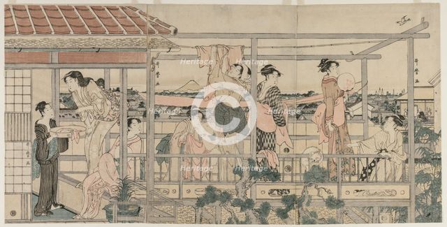 Women Hanging Laundry to Dry on a Balcony , early 1790s. Creator: Kitagawa Utamaro (Japanese, 1753?-1806).