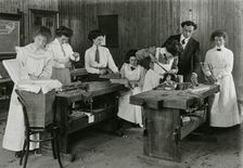 Women in a woodwork class at Summer School, within 20 miles of Barry, before 1918. Creator: Unknown