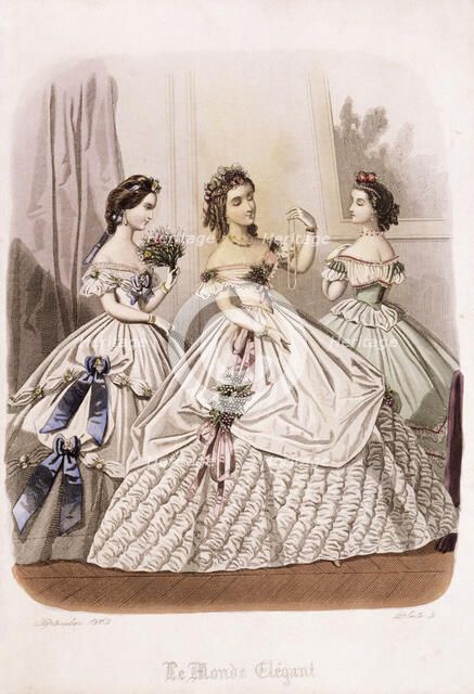 Women in evening dresses from the Le Monde Elégant, 1863. Artist: Unknown
