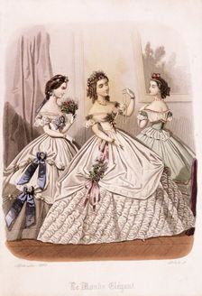 Women in evening dresses from the Le Monde Elégant, 1863. Creator: Unknown
