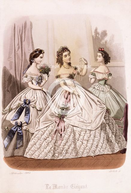 Women in evening dresses from the Le Monde Elégant, 1863. Creator: Unknown.