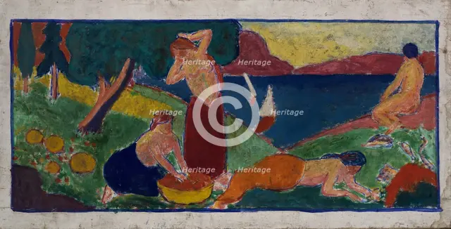 (Women in Landscape with Blue Border), before 1932. Creator: Carl Newman.