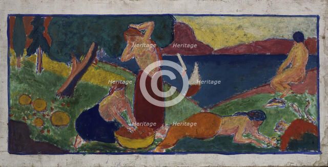 (Women in Landscape with Blue Border), before 1932. Creator: Carl Newman.