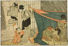 Women Inside a Mosquito Net During a Thunderstorm, from the illustrated book "Picture Book..., 1801. Creator: Kitagawa Utamaro