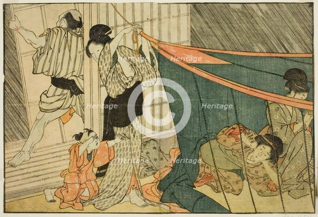 Women Inside a Mosquito Net During a Thunderstorm, from the illustrated book "Picture Book..., 1801. Creator: Kitagawa Utamaro.