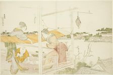 Women on a Veranda Stretching Cloth to Dry, Japan, c. 1799. Creator: Hokusai
