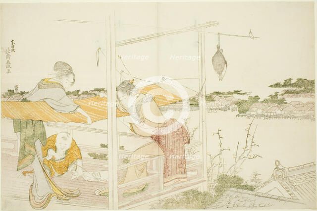 Women on a Veranda Stretching Cloth to Dry, Japan, c. 1799. Creator: Hokusai.