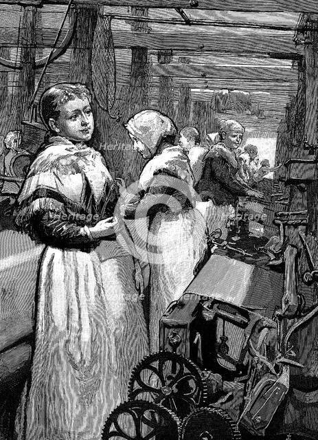 Women operatives tending power looms in a Yorkshire woollen mill, 1883. Artist: Unknown