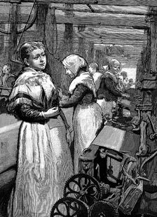 Women operatives tending power looms in a Yorkshire woollen mill, 1883