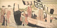 Women Landing from a Pleasure Boat Drawn Up to the Shore at Mukojima on Sumida River, ..., ca. 1785. Creator: Torii Kiyonaga