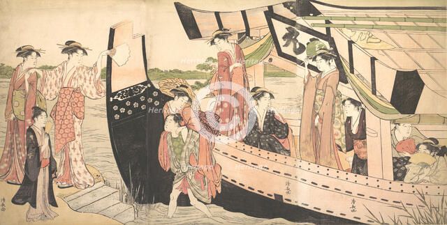 Women Landing from a Pleasure Boat Drawn Up to the Shore at Mukojima on Sumida River, ..., ca. 1785. Creator: Torii Kiyonaga.