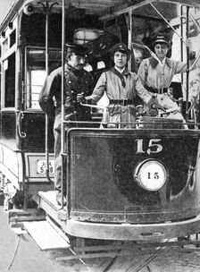 Women learning to drive a tram, 1917, (1936)